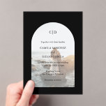 Camila Black Arch Modern Wedding Acrylic Invitations<br><div class="desc">Modern wedding acrylic invitation featuring your monogram along with your details over your favourite photo inside of an arch over a black background. The template includes a sheer overlay to allow the text to show up over your picture and may be removed in the design editing tool. This simple yet...</div>