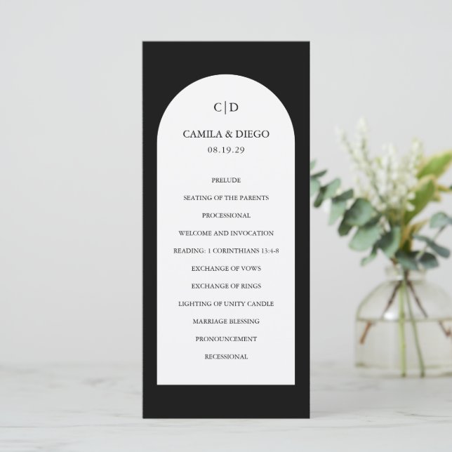 Camila Black Arch Modern Wedding Programme (Standing Front)