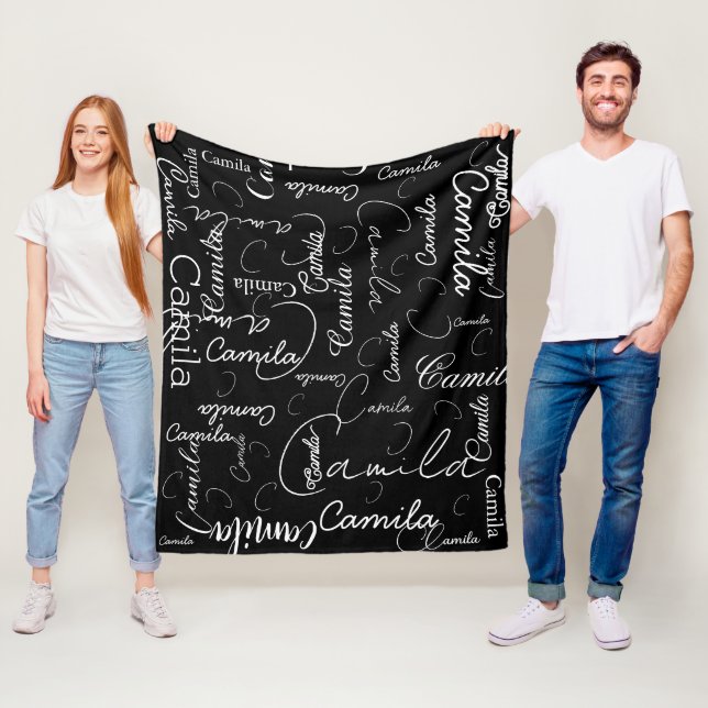 Camila custom white names repeated on black fleece blanket (In Situ)