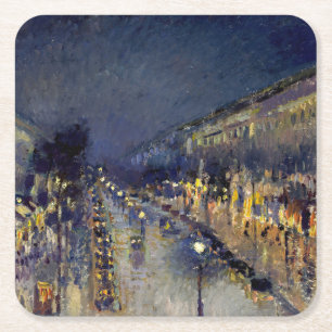 Camille Pissarro - Boulevard Montmartre at Night Square Paper Coaster