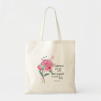 Camina por fe spanish bible verse tote bag