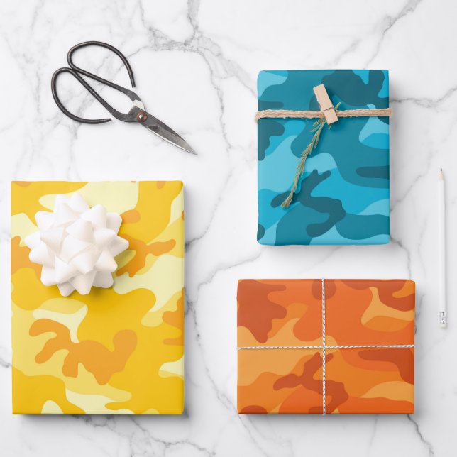 Camo Adventure Pink Yellow Blue Orange Fun Wrapping Paper Sheet (Front)