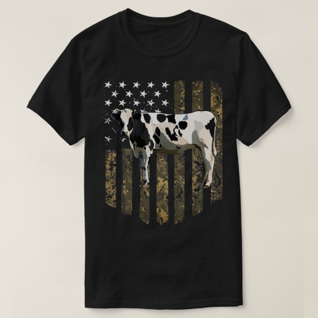 Camo American Flag Black White Cow 4th Of July Far T-Shirt (Design Front)