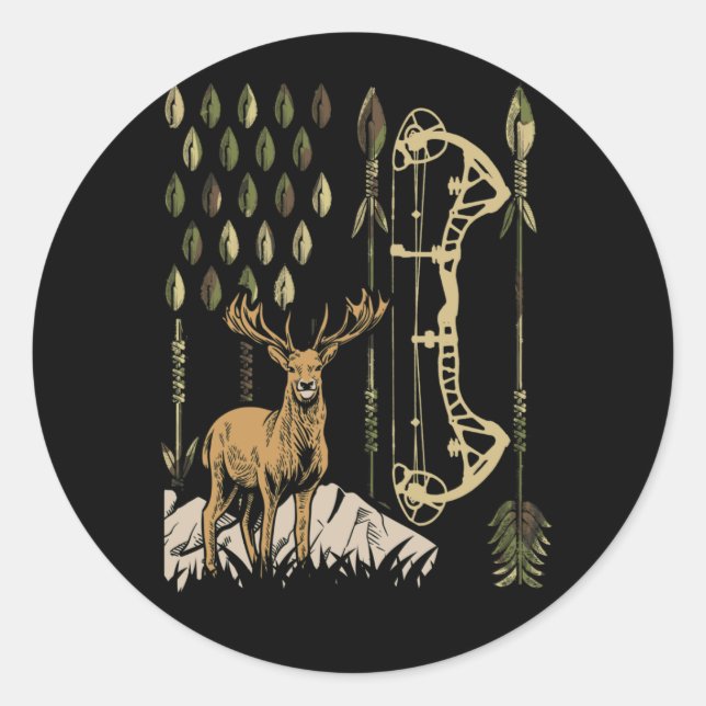 Camo American Flag Bowhunting Bow Archery Deer Classic Round Sticker (Front)