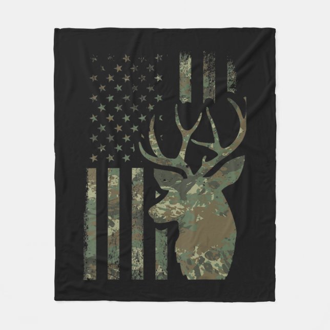 Camo American Flag Buck Hunting Gift for Elk Deer  Fleece Blanket (Front)