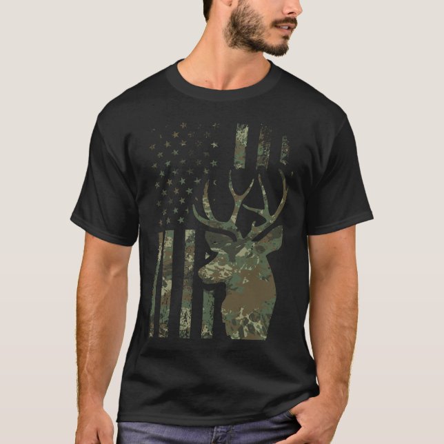 Camo American Flag Buck Hunting  T-Shirt (Front)