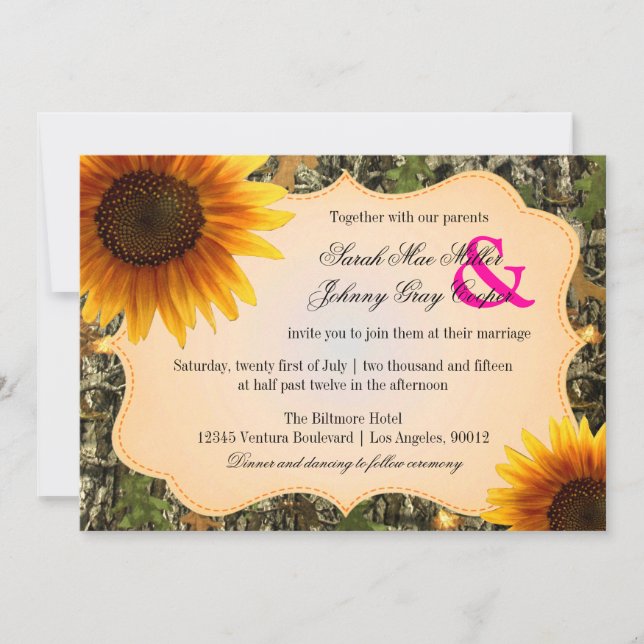 Camo and Orange Sunflower Wedding Invitation (Front)
