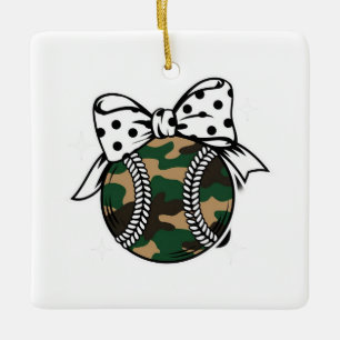 Camo Baseball with Polka Dot Bow Ceramic Ornament