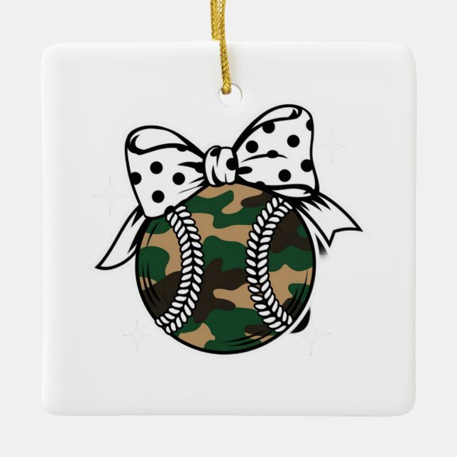 Camo Baseball with Polka Dot Bow Ceramic Ornament (Front)