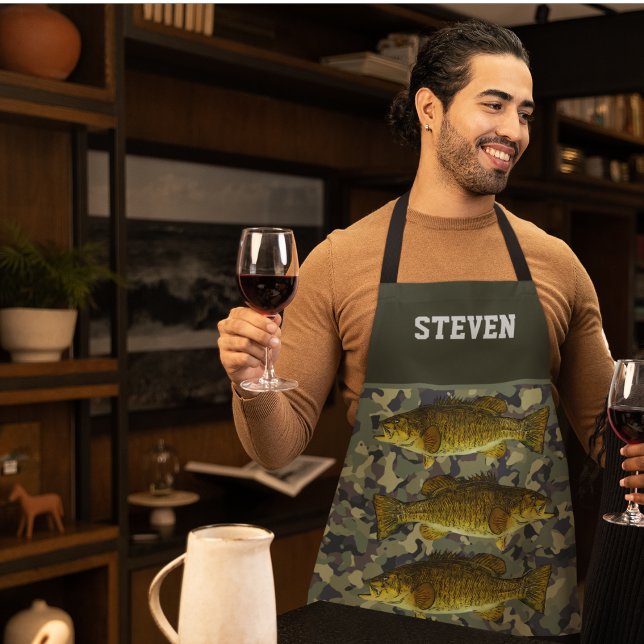 Camo Bass Fishing Name Sports Outdoors Men's  Apron (One of a kind bass fishing camouflage apron with smallmouth bass.)