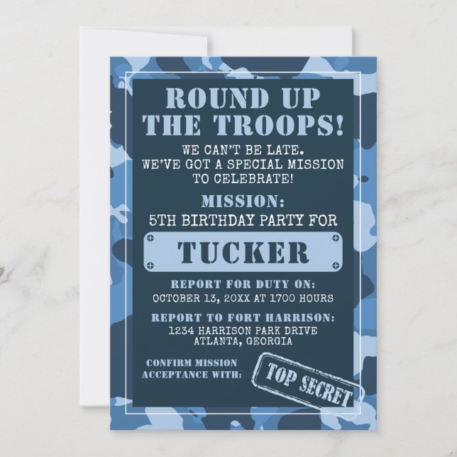 Camo Birthday Party Invitation, Army, Mission Invitation (Front)