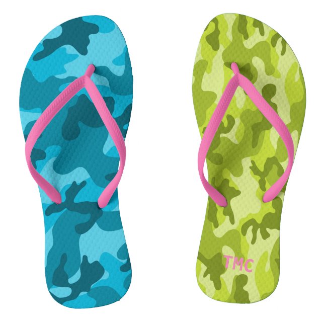 Camo Blue Green Pink Monogram INITIALS Summer Fun Jandals (Footbed)