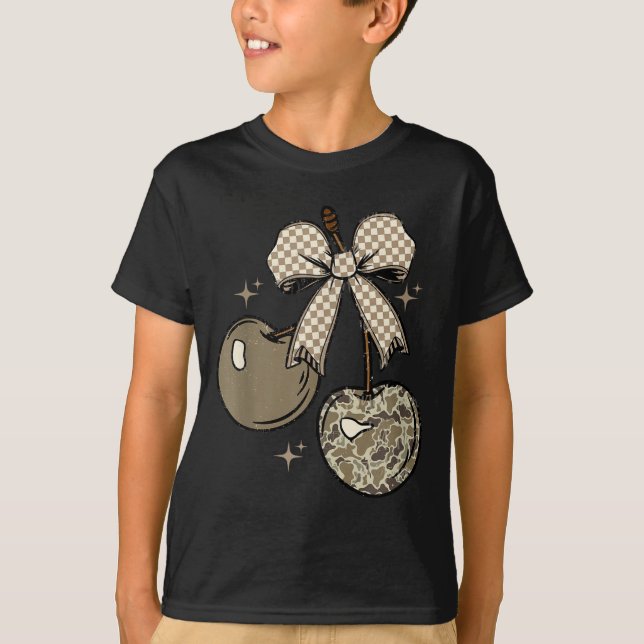 Camo Checkered Cherry Bow, Hunting,checkered Patte T-Shirt (Front)