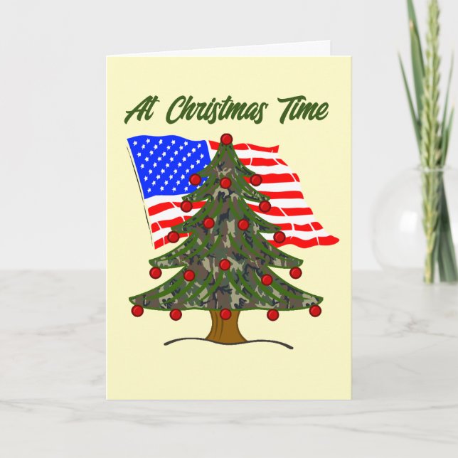 Camo Christmas Tree With American Flag Holiday Card (Front)