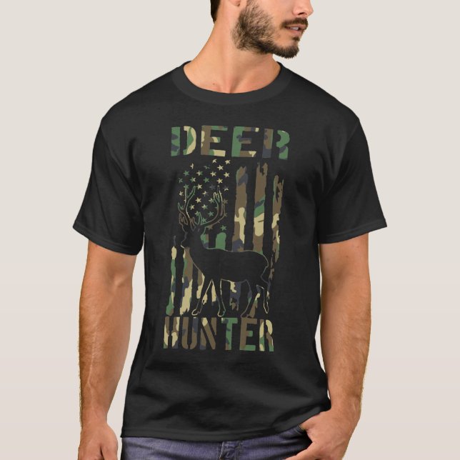 Camo Deer Hunter Shirt with American Flag Design	 (Front)