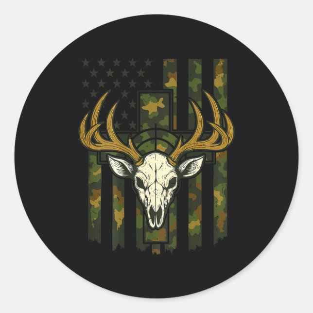 Camo Deer Hunting Elk Skull American Flag Youth Bo Classic Round Sticker (Front)