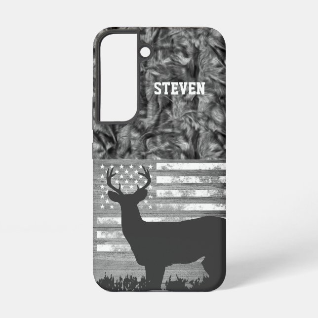 Camo Deer Hunting Name Sports Buck America Flag Samsung Galaxy S22 Case (Back)