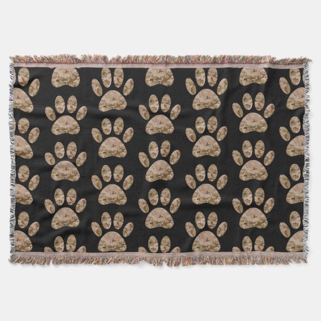 Camo Dog Paw Print Pattern Throw Blanket (Front)