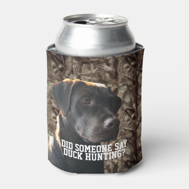 Camo Duck Hunting Chocolate Lab Bird Dog Beer Can Cooler (Can Front)