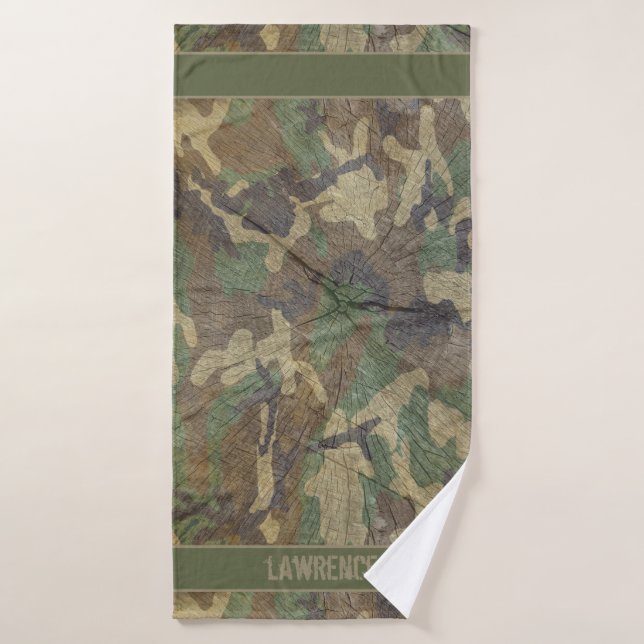 Camo Green and Brown Wood Logs Effect Camouflage Bath Towel (Bath Towel)