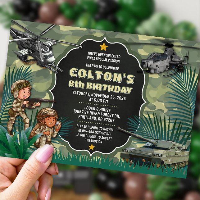 Camo Invitation, Kids Army Game Birthday party Invitation (Creator Uploaded)