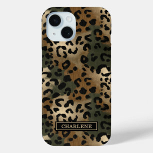 Camo Leopard Print Monogrammed iPhone 15 Case