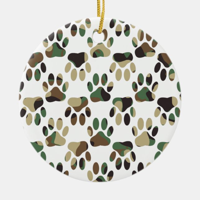 Camo Pattern Dog Paw Print Ceramic Tree Decoration (Front)