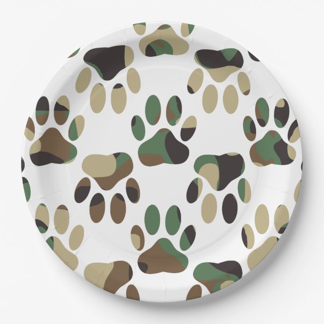 Camo Pattern Dog Paw Print Paper Plate (Front)