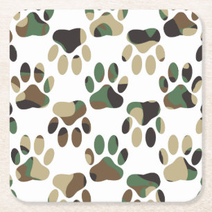 Camo Pattern Dog Paw Print Square Paper Coaster