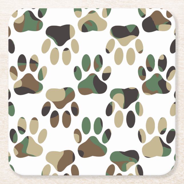 Camo Pattern Dog Paw Print Square Paper Coaster (Front)