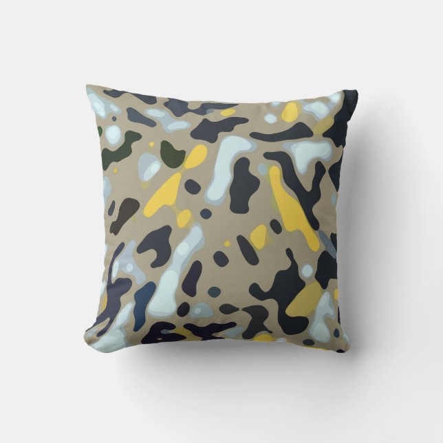 Camo Pattern - Yellow White Beige Blue Black Cushion (Front)
