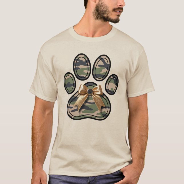 Camo Paw Print Coquette Bow Dog Lover T-Shirt (Front)