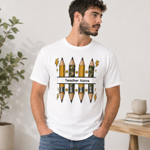 Camo Pencil Split Lightning Bolt Smiley Teacher T-Shirt