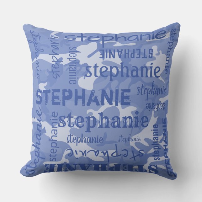 Camo Personalised Longer Name Blue Cushion (Front)