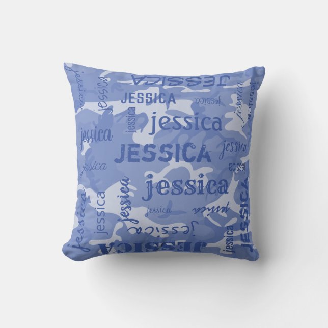 Camo Personalised Shorter Name Blue Cushion (Front)