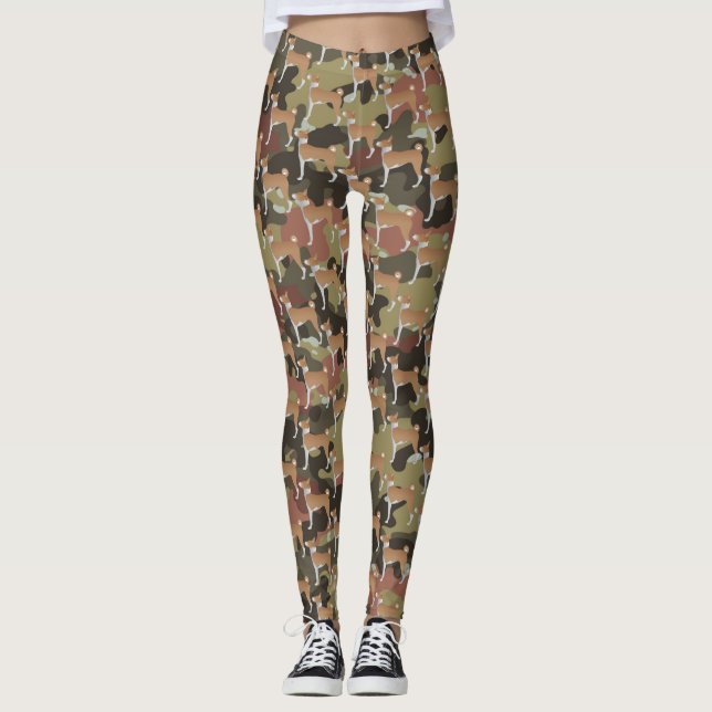 Camo Red & White Basenji Dog Design Leggings (Front)