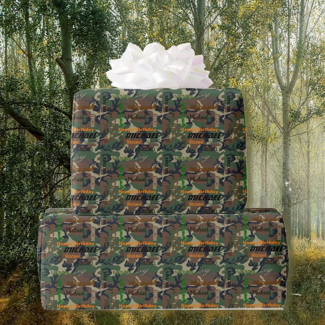 Camo Repeating NAME Happy Birthday Gift  Wrapping Paper (Creator Uploaded)