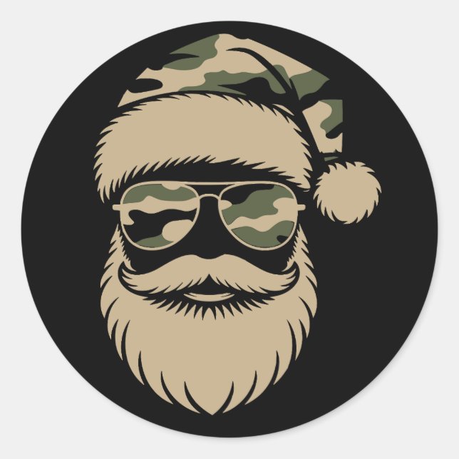 Camo Santa Claus Sunglasses Xmas Camouflage  Classic Round Sticker (Front)