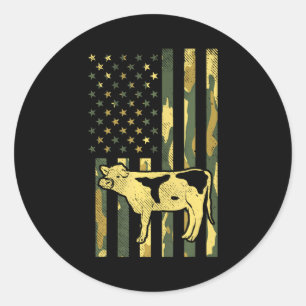 Camo US Flag Cow Military Farm Animal Patriotic Classic Round Sticker