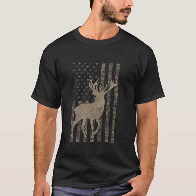 Camo US Flag Deer Elk Buck Camoflage Hunting Hunte T-Shirt (Front)