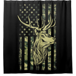 Camo US Flag Deer Elk Buck Camoflage Hunting Shower Curtain