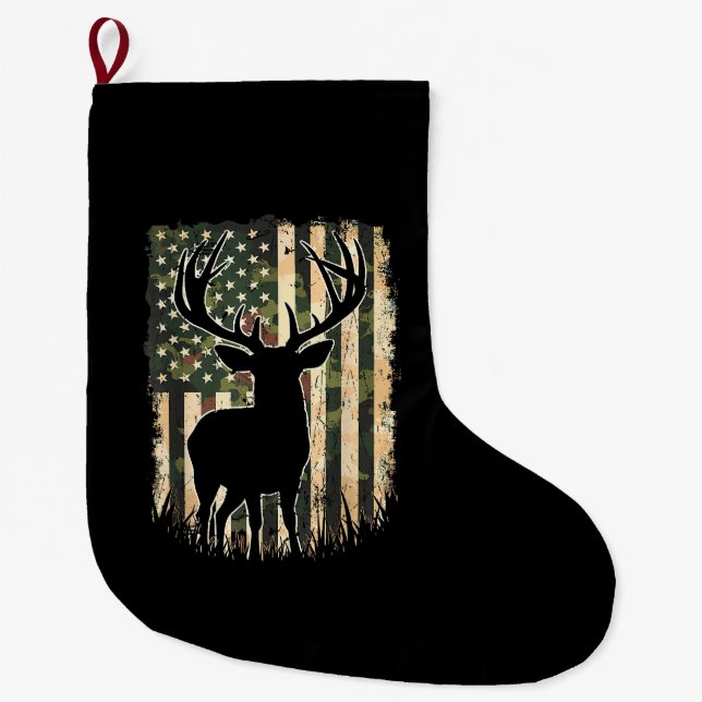 Camo US Flag Deer Hunting Camoflage Hunter Large Christmas Stocking (Front)