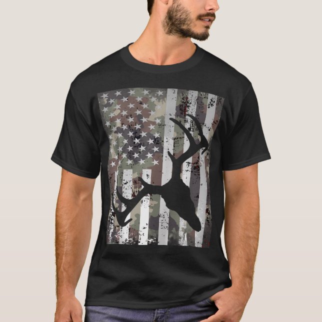 Camo Us Flag Skull Elk Buck Deer Camouflage Huntin T-Shirt (Front)