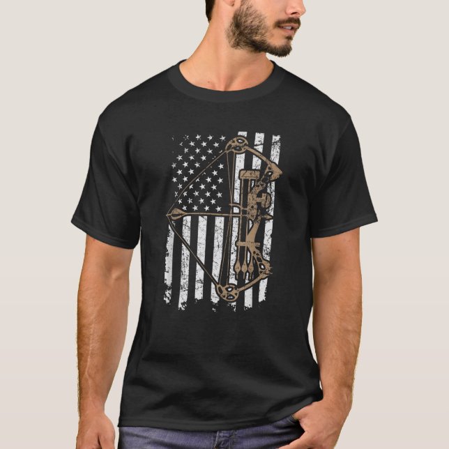 Camo USA Flag Archery Compound Bow Funny Bow Hunte T-Shirt (Front)