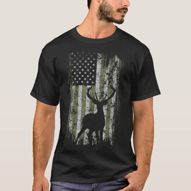 Camo Usa Flag Deer Elk Buck Camoflage Hunting For  T-Shirt (Front)