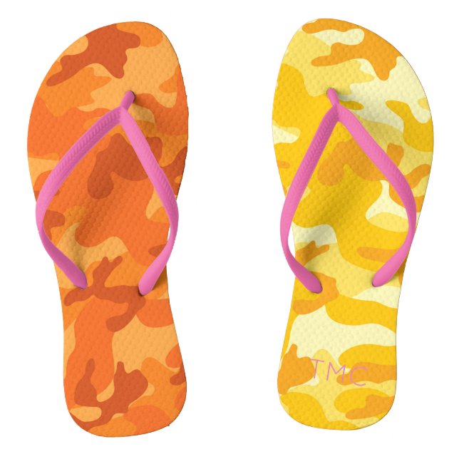 Camo Yellow Orange Pink Monogram Initials Mismatch Jandals (Footbed)