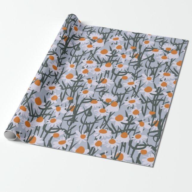 Camomile field seamless pattern on grey background wrapping paper (Unrolled)