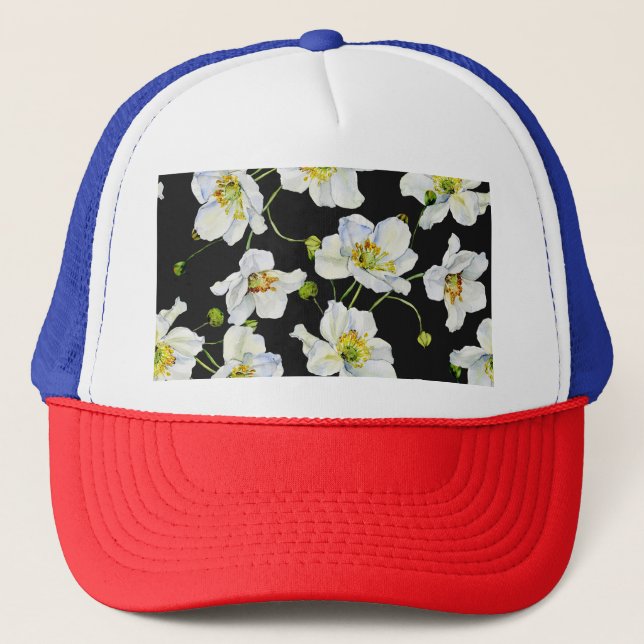 Camomile Flowers: Watercolor Illustration Pattern Trucker Hat (Front)