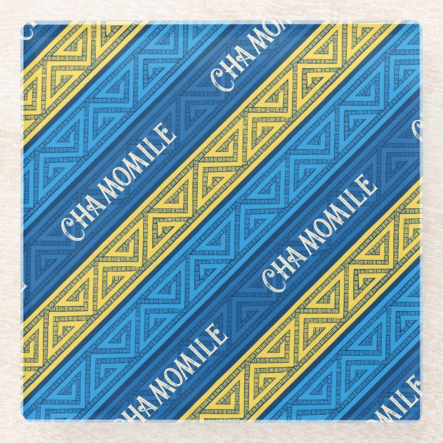 Camomile Tea Vibrant Yellow & Blue Celtic Stripes Glass Coaster (Front)