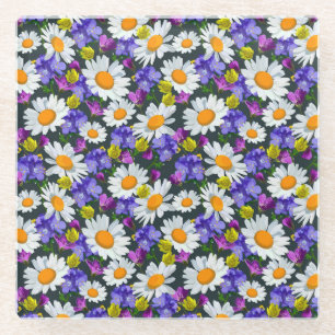 Camomile, wild flowers: seamless pattern. glass coaster